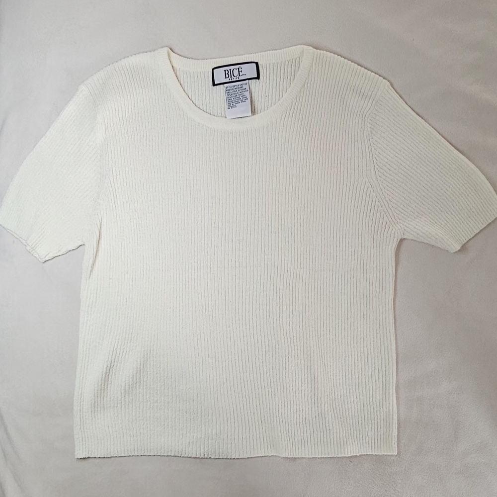Vintage BICE Petite Cream Ribbed Knit Top Size M